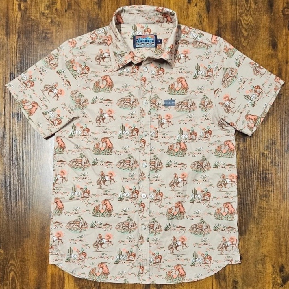 Burlebo Button Up Performance Shirt Cowboy Horse AOP Size Medium